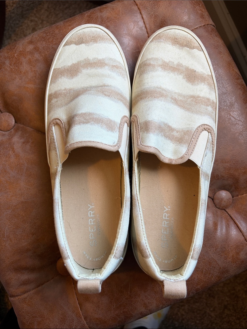 Sperry Slip-On Canvas Shoes in Cream and Tan Stripes